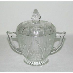Jeannette Glass IRIS AND HERRINGBONE Crystal Footed Sugar Dish with Cover
